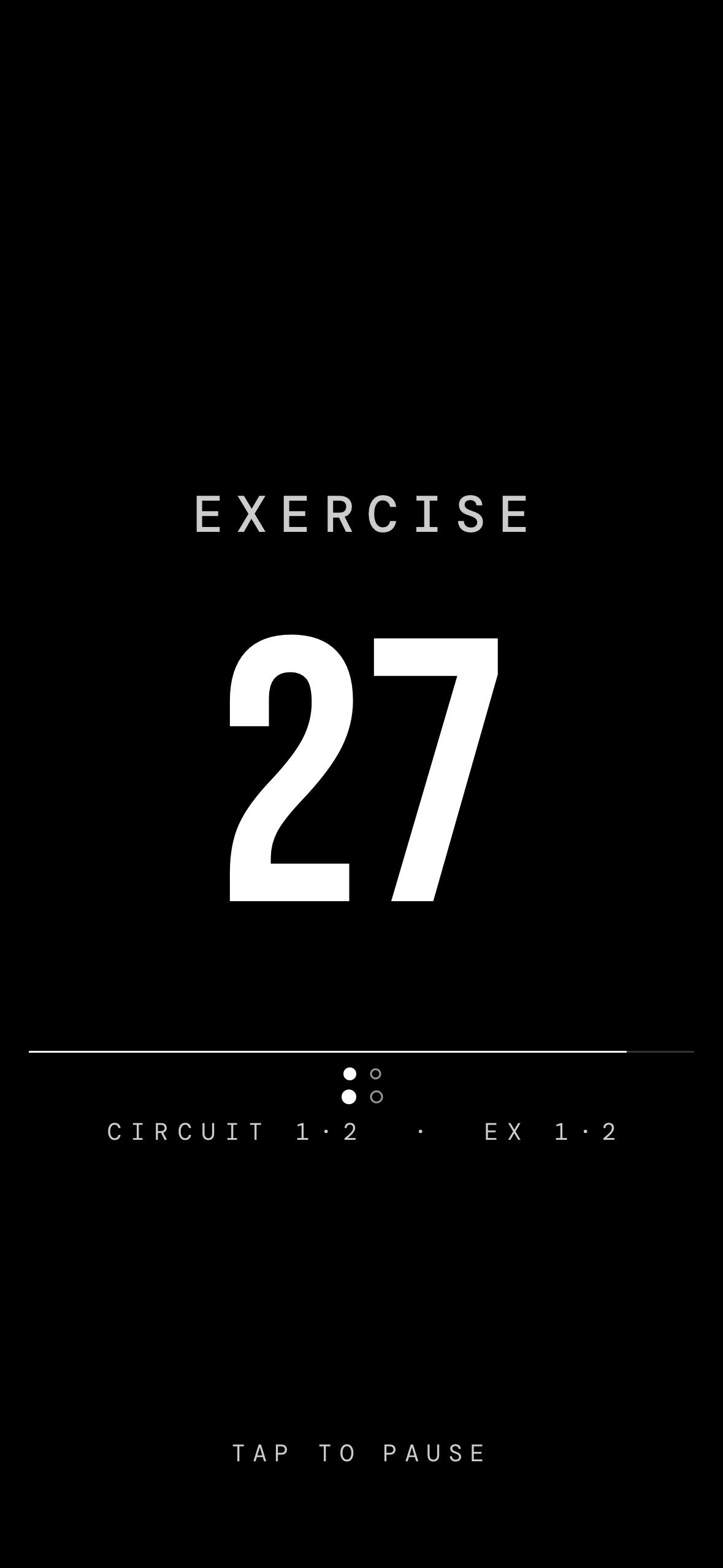 Exercise screen, black background with countdown.
