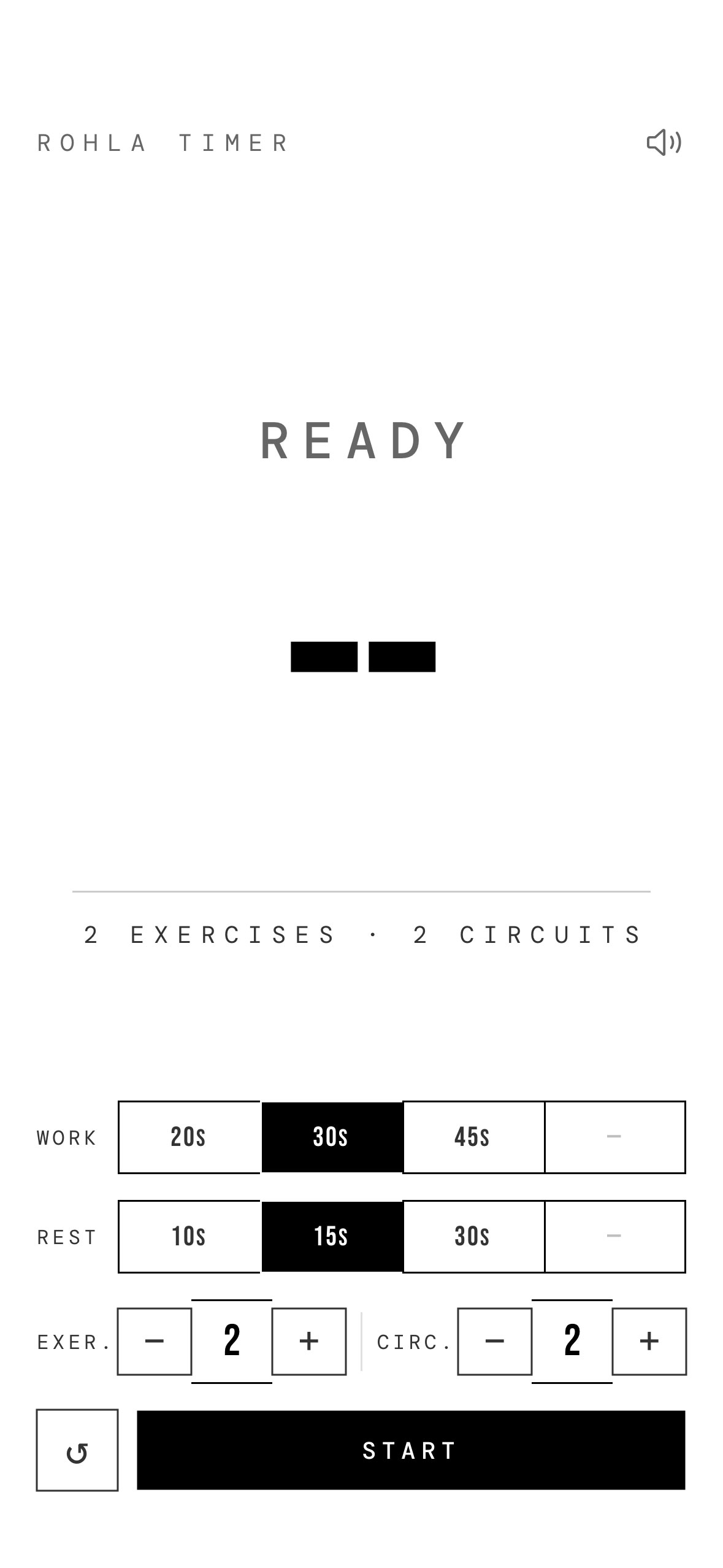Setup screen — set work and rest intervals, exercise and circuit counts, then tap START.